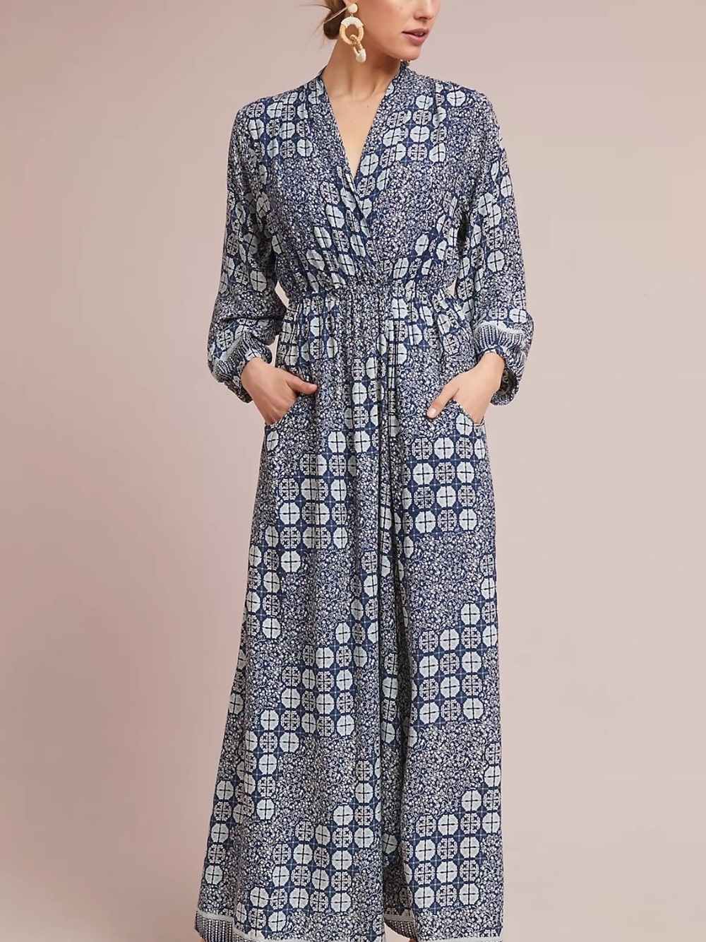 Natalie Martin Anthropologie Navy and White Print Maxi Dress
